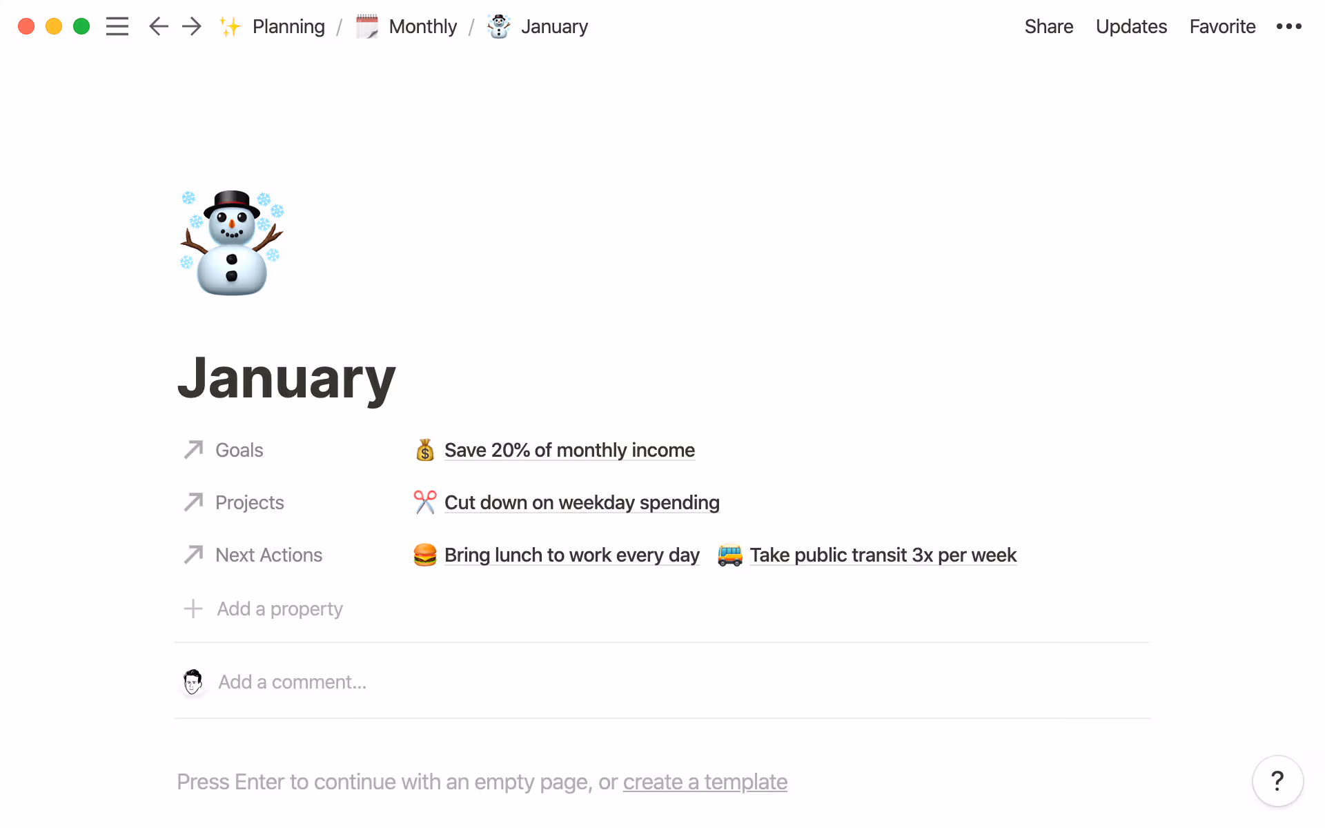 Create separate databases for months and quarters, allowing you to plan your goals, projects, and next actions granularly.