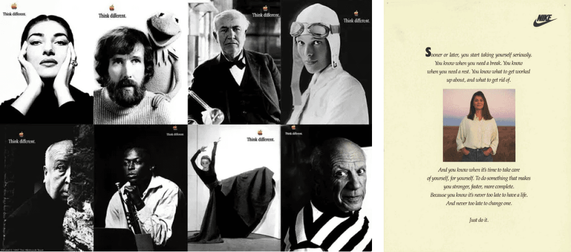 Left: Iterations of Apple’s “Think different.” campaign. Right: An original poster of Nike’s “Just do it.” campaign.