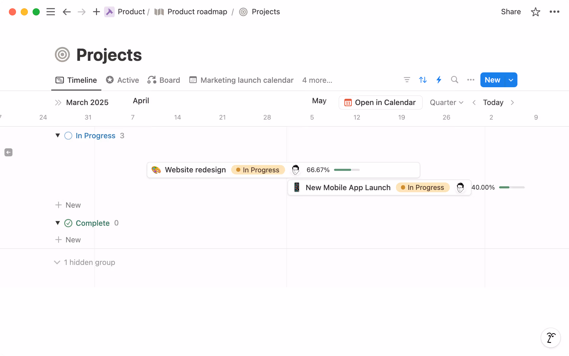 View projects on a timeline.