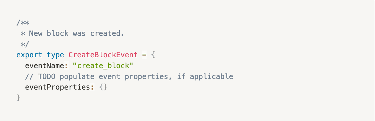 The boilerplate Typescript produced by the tool for the create_block event.