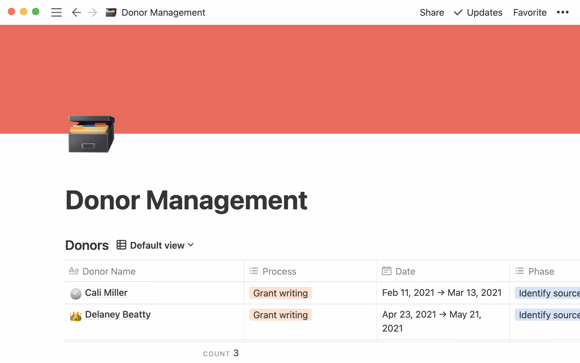 Vue de base de données d’un document de gestion des donateur·rices montrant les différent·es donateur·rices et leurs informations respectives.