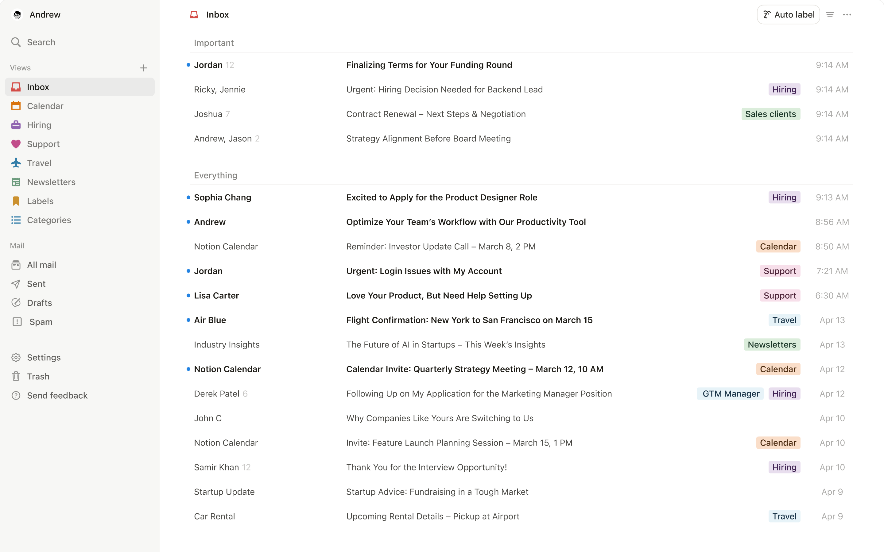 Ein Screenshot von Notion Mail auf dem Desktop